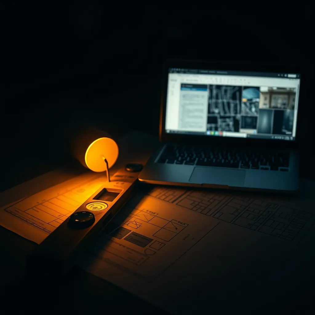 A weathered tradesman's spirit level lying on architect's plans beside a glowing laptop, conceptual still life about experience meeting new tools